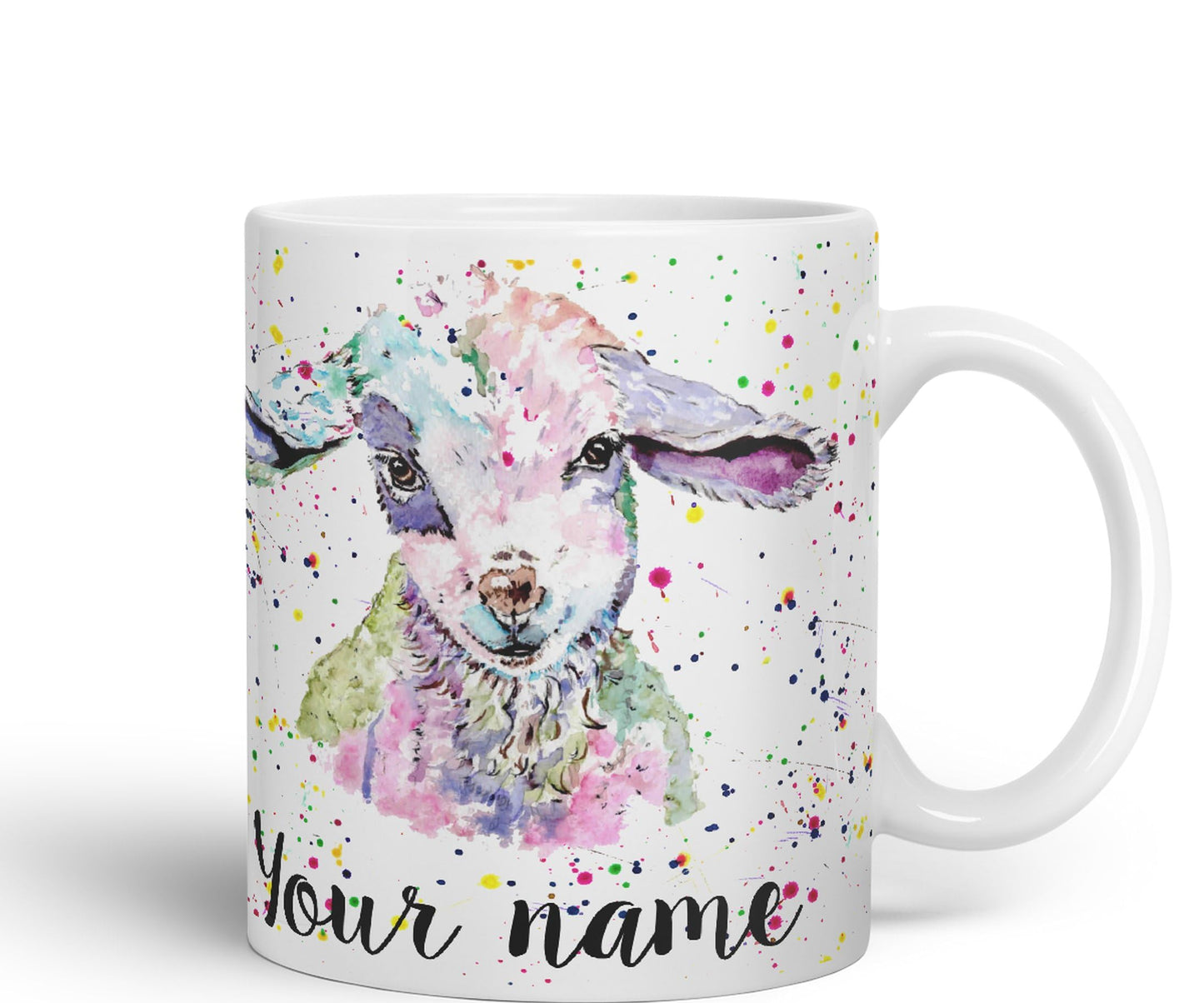 Vixar Personalised with Your Text Lamb Sheep Hogget Farm Animals Watercolour Art Coloured Ceramic Mug Cup Gift 330ml 11oz Custom Work Office Tea Coffee