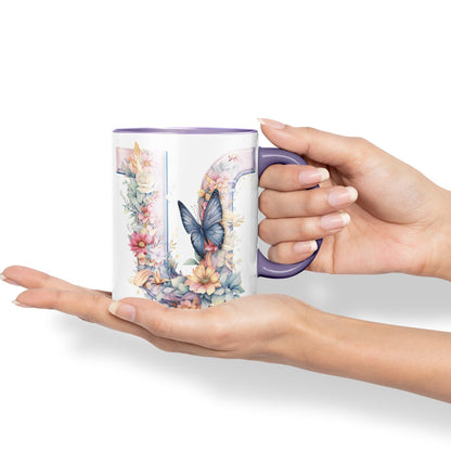 Letter U mug, Floral flowers butterfly Alphabet Letter U Monogram watercolour Ceramic Coloured Mug Cup for Tea Coffee Hot brew 330ml 11Oz Gift