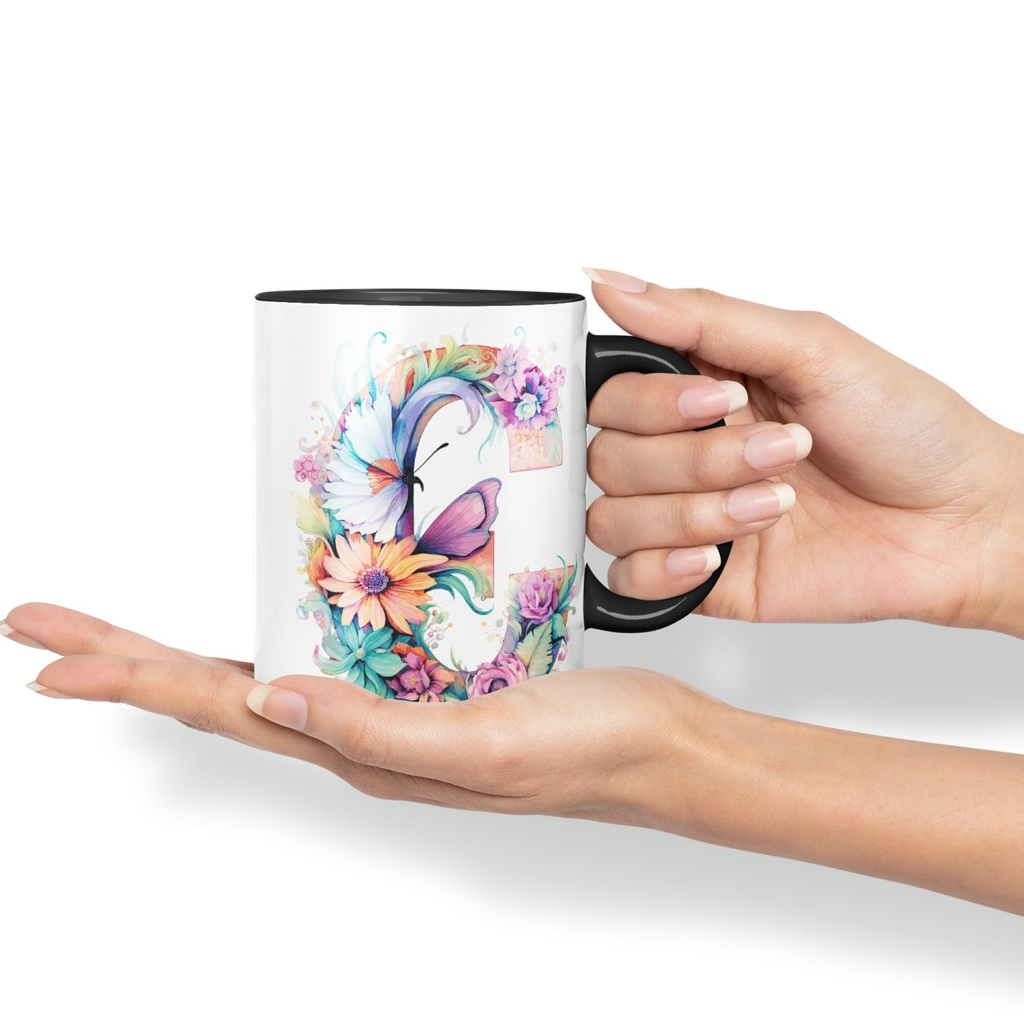 Letter C mug, Floral flowers butterfly Alphabet Letter C Monogram watercolour Ceramic Coloured Mug Cup for Tea Coffee Hot brew 330ml 11Oz Gift