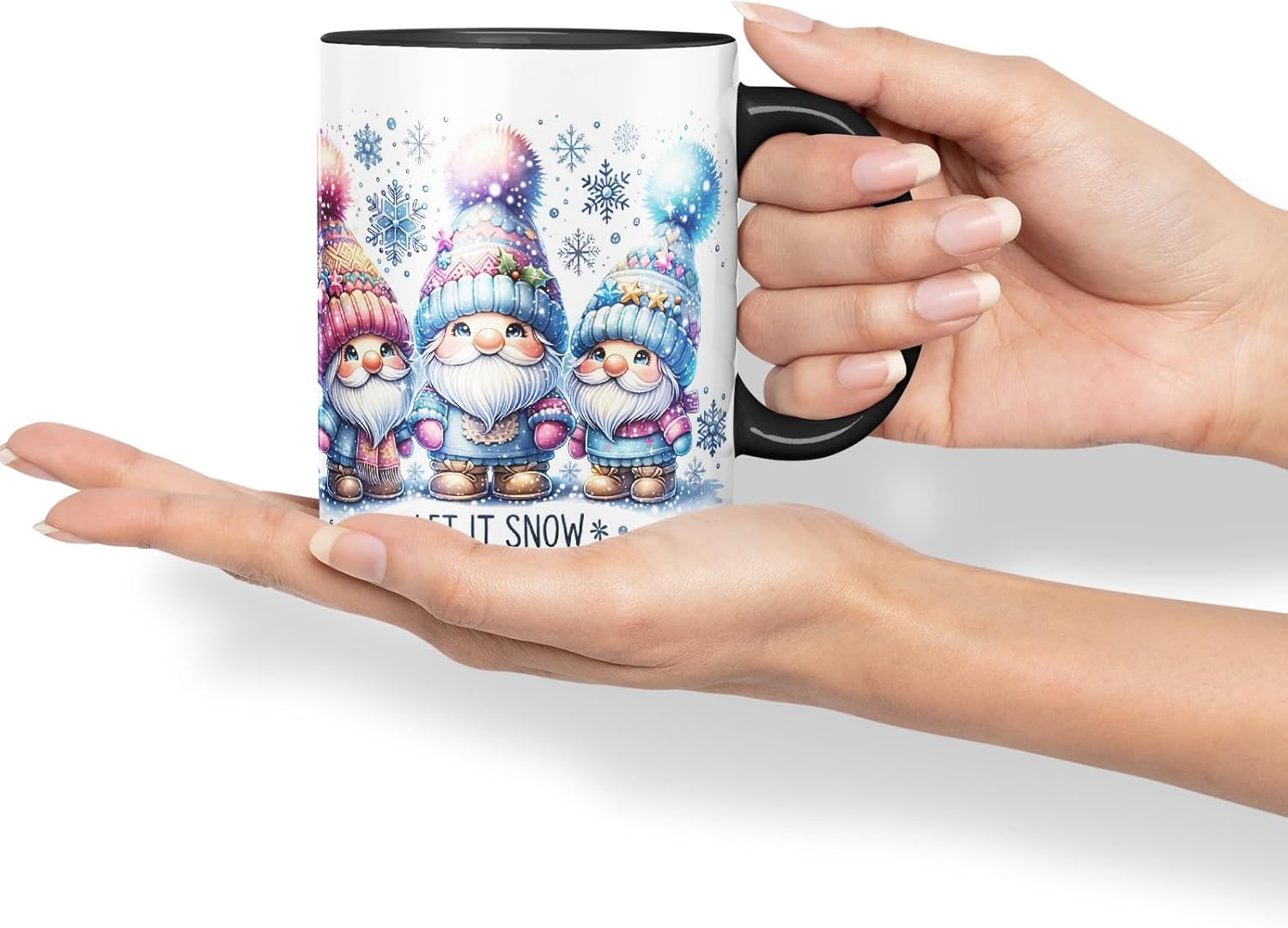 Vixar Let It Snow Cute Christmas Gnomes Coloured Mug Cup Winter Gift 11oz (Black)