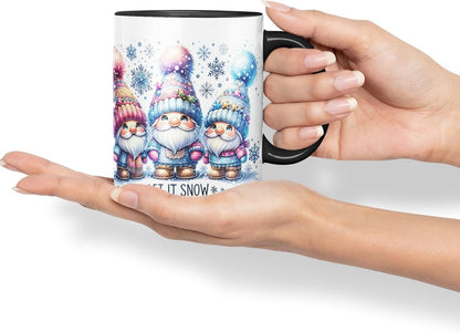 Vixar Let It Snow Cute Christmas Gnomes Coloured Mug Cup Winter Gift 11oz (Black)