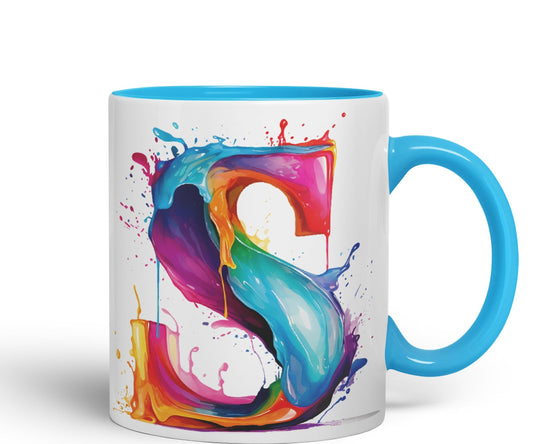 Letter S mug, Alphabet Letter S Monogram watercolour Ceramic Coloured Mug Cup for Tea Coffee Hot brew 330ml 11Oz Gift