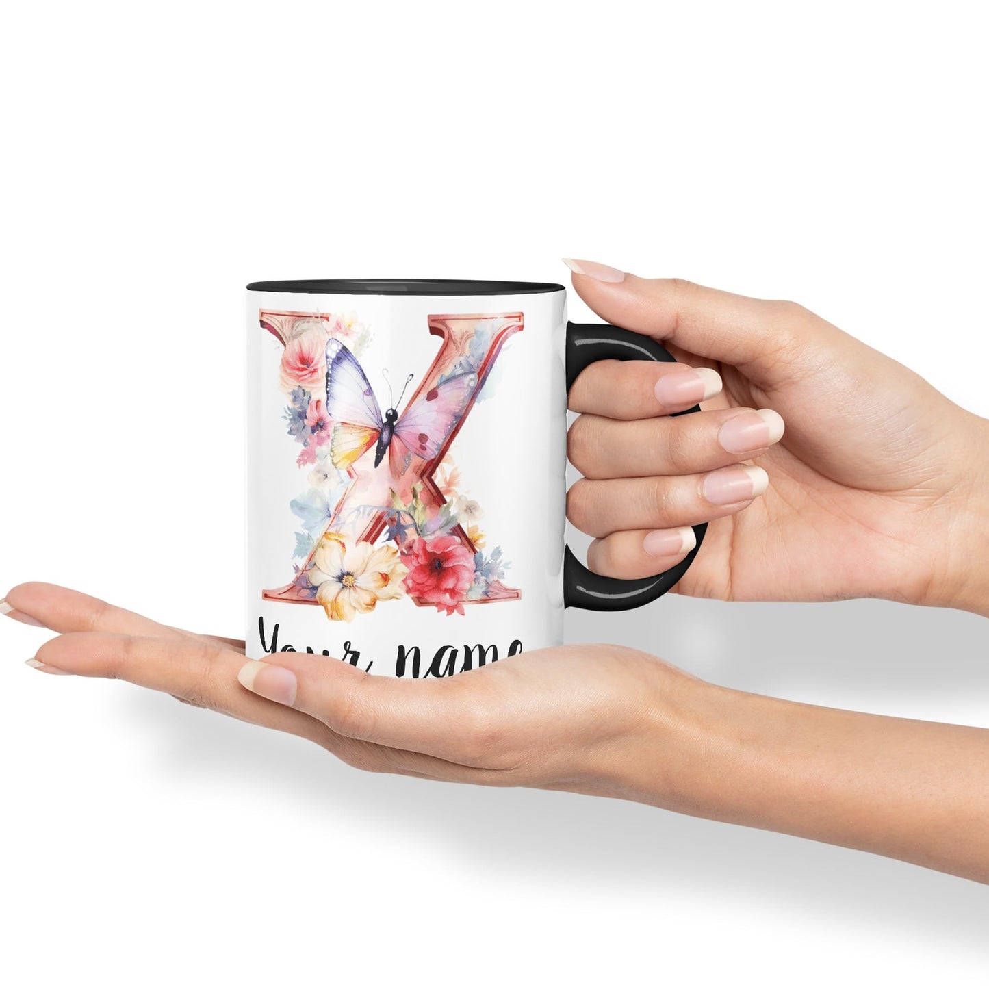 Personalised Letter X mug, Customized Custom Floral flowers butterfly Alphabet Letter X Monogram watercolour Ceramic Coloured Mug Cup for Tea Coffee Hot brew 330ml 11Oz Gift