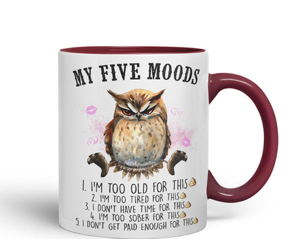 My Five Moods owl Sarcastic Joke Ceramic Coloured Mug Cup for Tea Coffee Hot Brew 330ml 11Oz