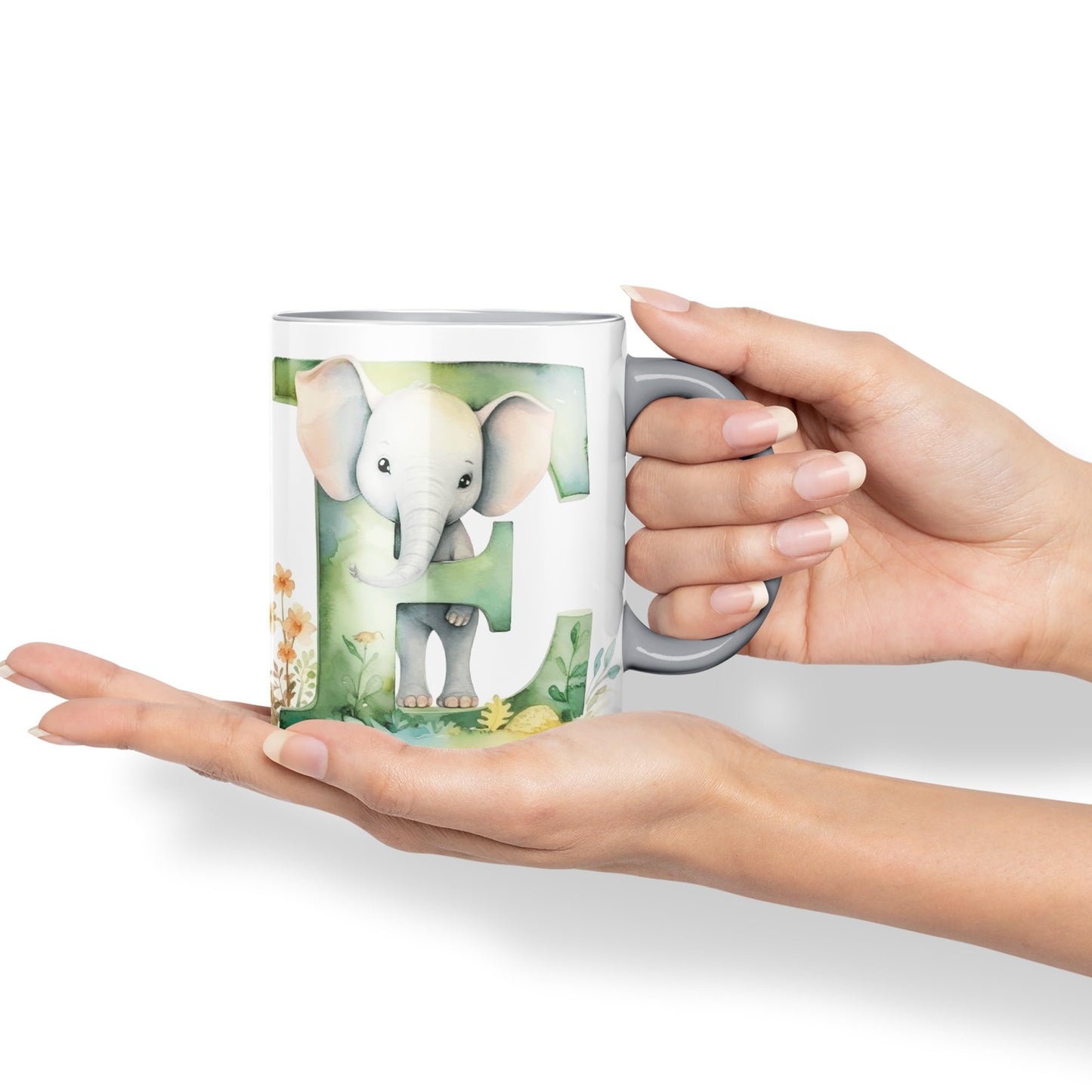 Letter E mug, Animals Alphabet Letter E Monogram animal for kids Ceramic Coloured Mug Cup for Tea Coffee Hot brew 330ml 11Oz Gift