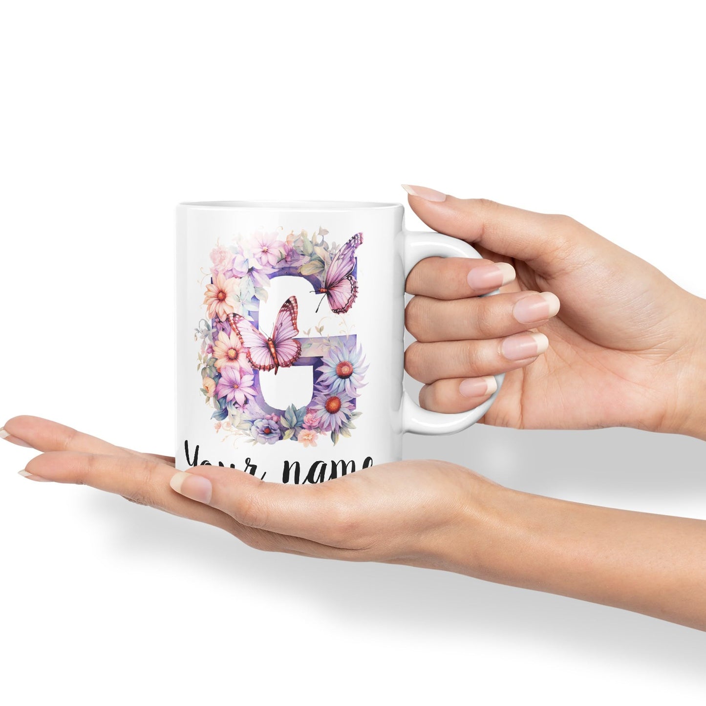 Personalised Letter G mug, Customized Custom Floral flowers butterfly Alphabet Letter G Monogram watercolour Ceramic Coloured Mug Cup for Tea Coffee Hot brew 330ml 11Oz Gift