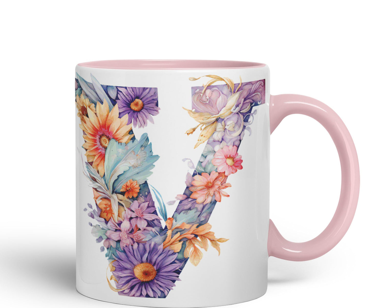 Letter V mug, Floral flowers butterfly Alphabet Letter V Monogram watercolour Ceramic Coloured Mug Cup for Tea Coffee Hot brew 330ml 11Oz Gift