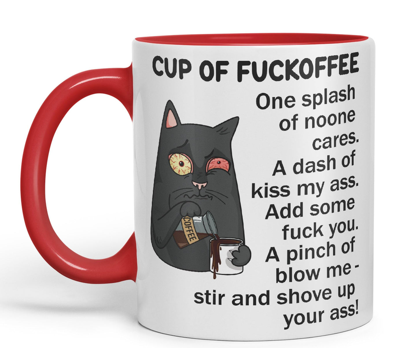 Cup of Fuckoffee, one Splash on Noone Cares cat Sarcastic Joke Ceramic Coloured Mug Cup for Tea Coffee Hot Brew 330ml 11Oz