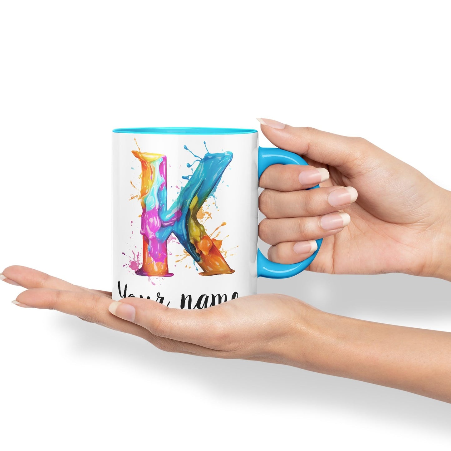 Personalised Letter K mug, Alphabet cusomized custom Letter K Monogram watercolour Ceramic Coloured Mug Cup for Tea Coffee Hot brew 330ml 11Oz Gift