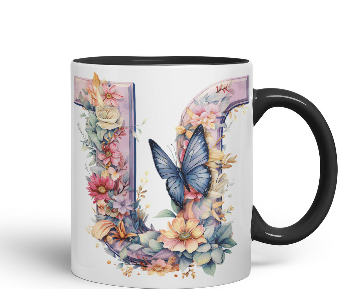 Letter U mug, Floral flowers butterfly Alphabet Letter U Monogram watercolour Ceramic Coloured Mug Cup for Tea Coffee Hot brew 330ml 11Oz Gift