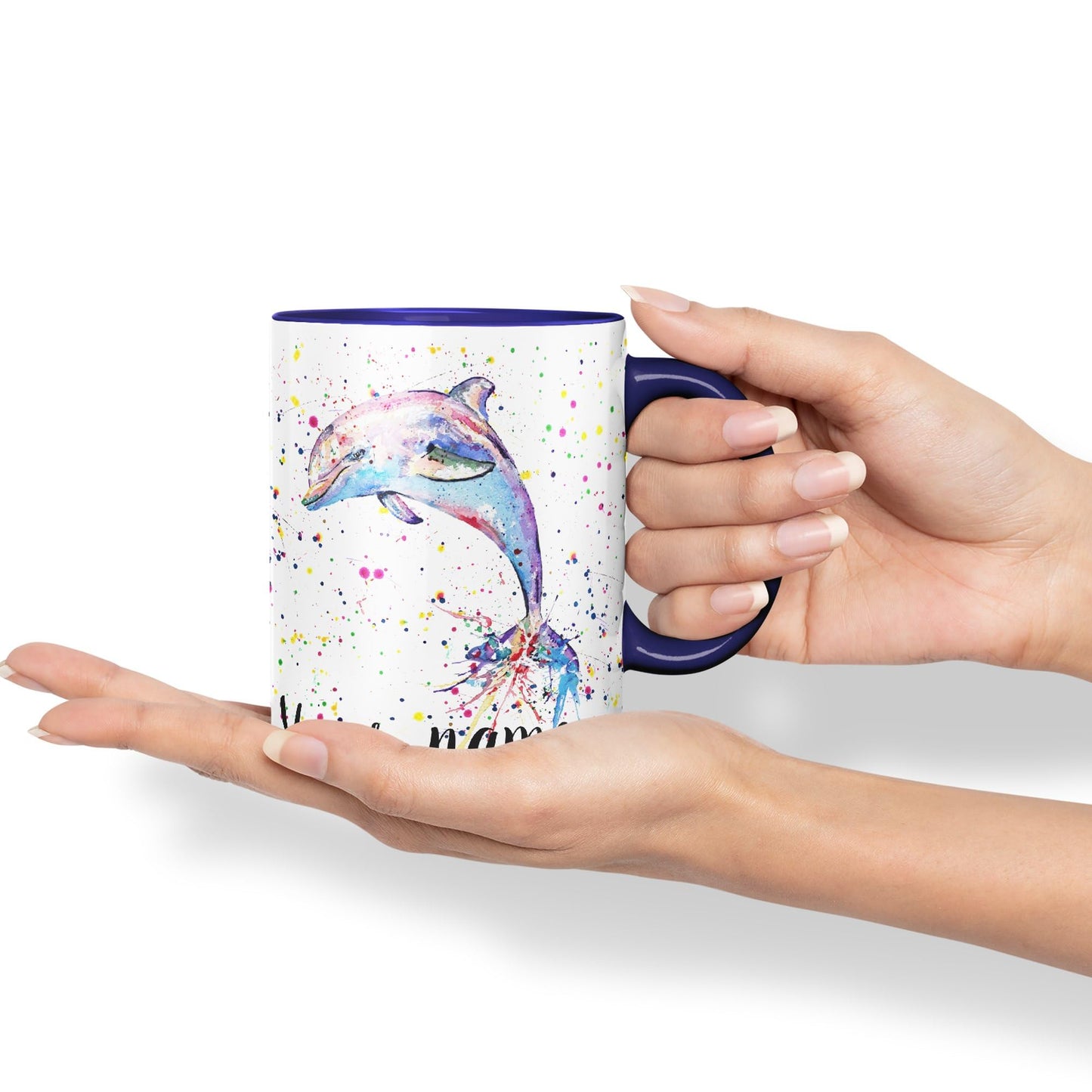 Vixar Personalised with Your Text Dolphin Sea Animal Watercolour Art Coloured Ceramic Mug Cup Gift 330ml 11oz Custom Work Office Tea Coffee