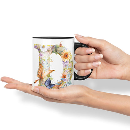 Letter D mug, Floral flowers butterfly Alphabet Letter D Monogram watercolour Ceramic Coloured Mug Cup for Tea Coffee Hot brew 330ml 11Oz Gift
