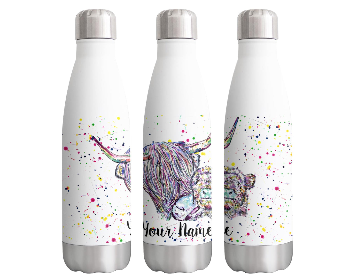 Highland Cow with Calf Personalised Custom Bottle with Your Text/Name Watercolour Scottish Cow with Baby Farm Animals Bottle Double Wall Insulated Stainless Steel Sport Drinks 500ml Hcbaby