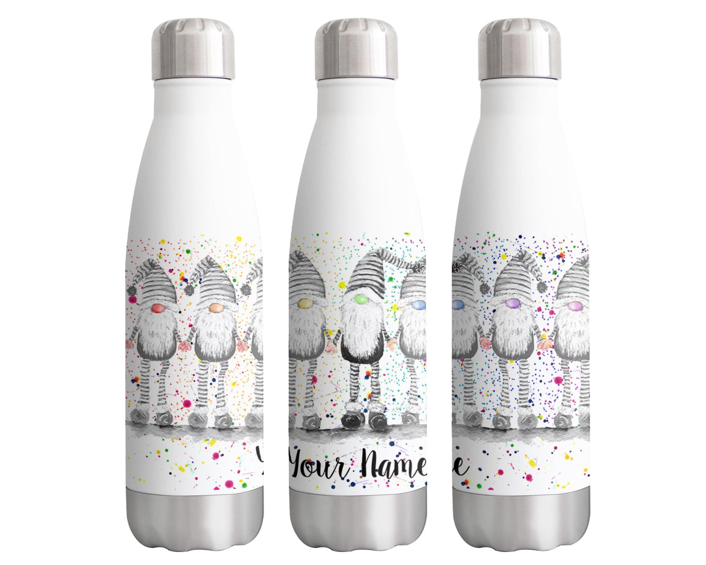 Vixar Grey Gonk Personalised Custom Bottle with your Text/name Gnome Watercolour Bottle Double Wall Insulated Stainless Steel Sport Drinks 500ml