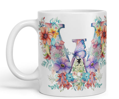 Letter W mug, Floral flowers butterfly Alphabet Letter W Monogram watercolour Ceramic Coloured Mug Cup for Tea Coffee Hot brew 330ml 11Oz