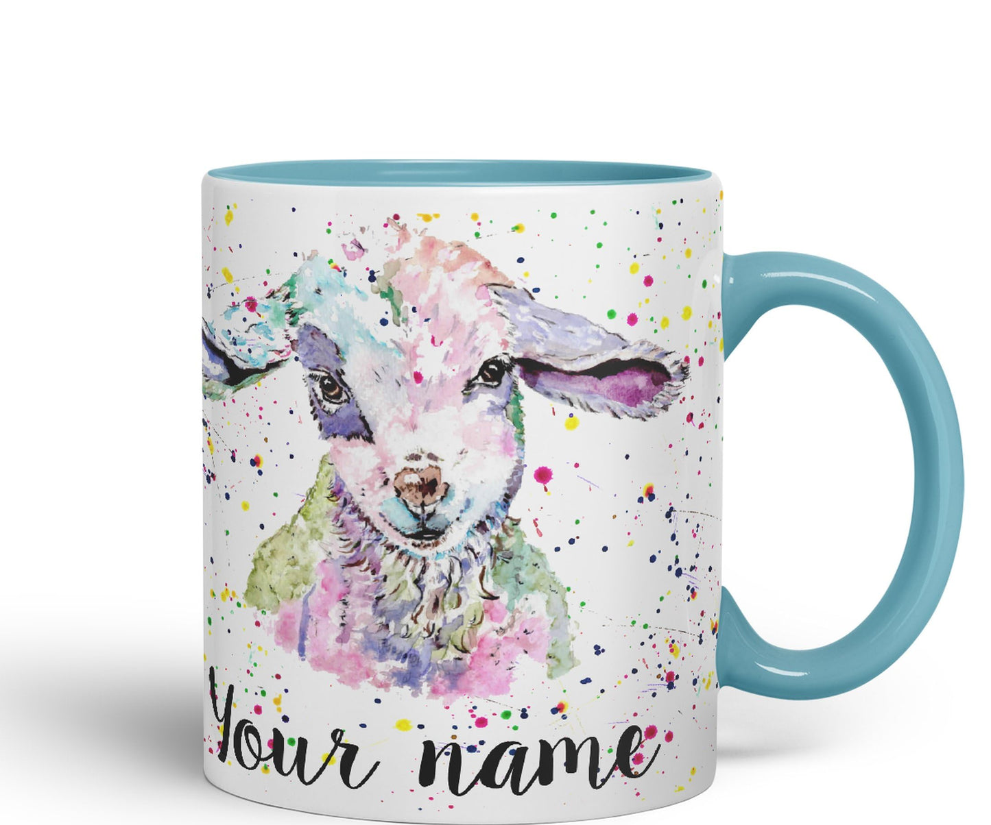 Vixar Personalised with Your Text Lamb Sheep Hogget Farm Animals Watercolour Art Coloured Ceramic Mug Cup Gift 330ml 11oz Custom Work Office Tea Coffee