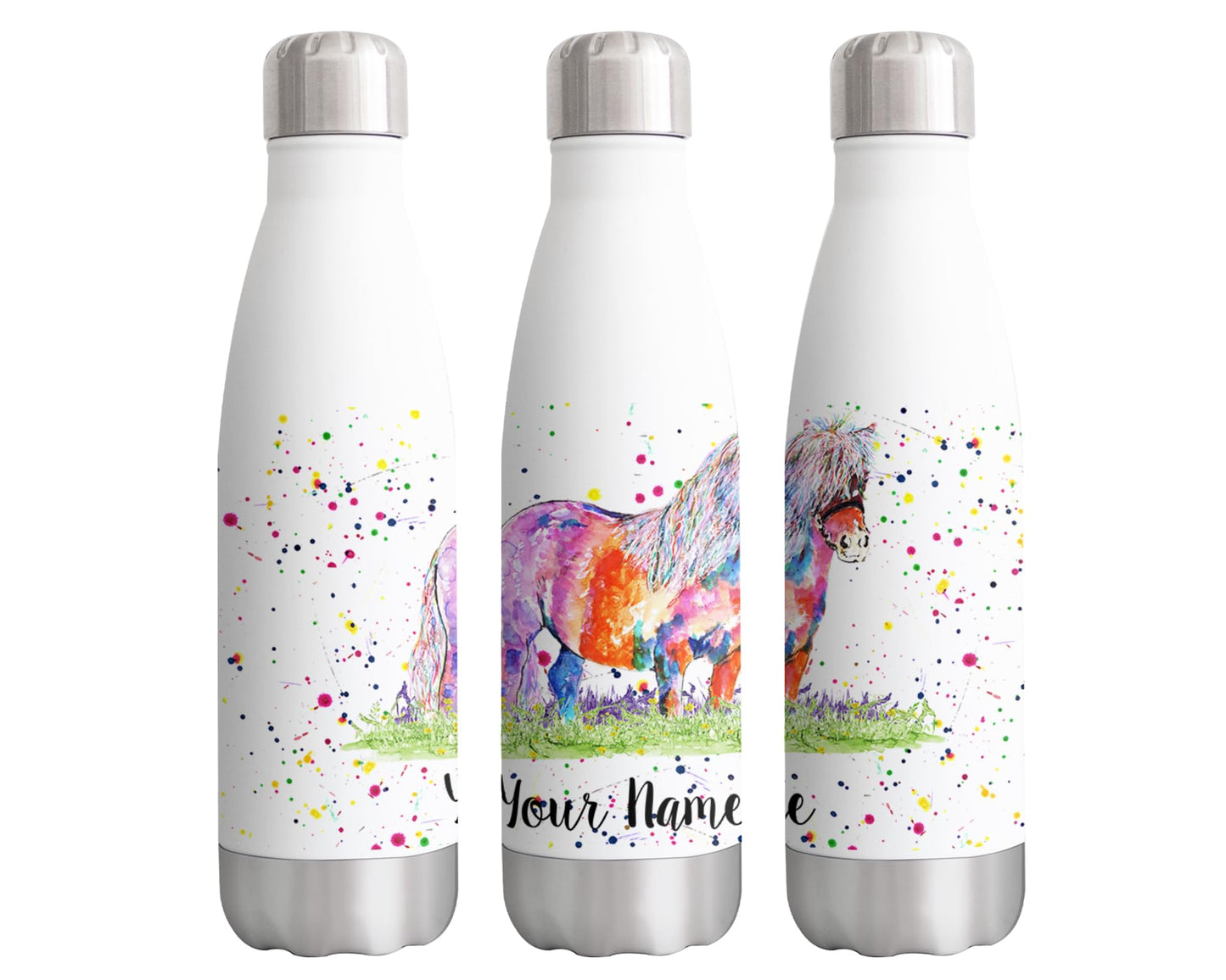 Vixar Shetland Pony Personalised Custom Bottle with your Text/name Watercolour Horse Farm Animals Bottle Double Wall Insulated Stainless Steel Sport Drinks 500ml