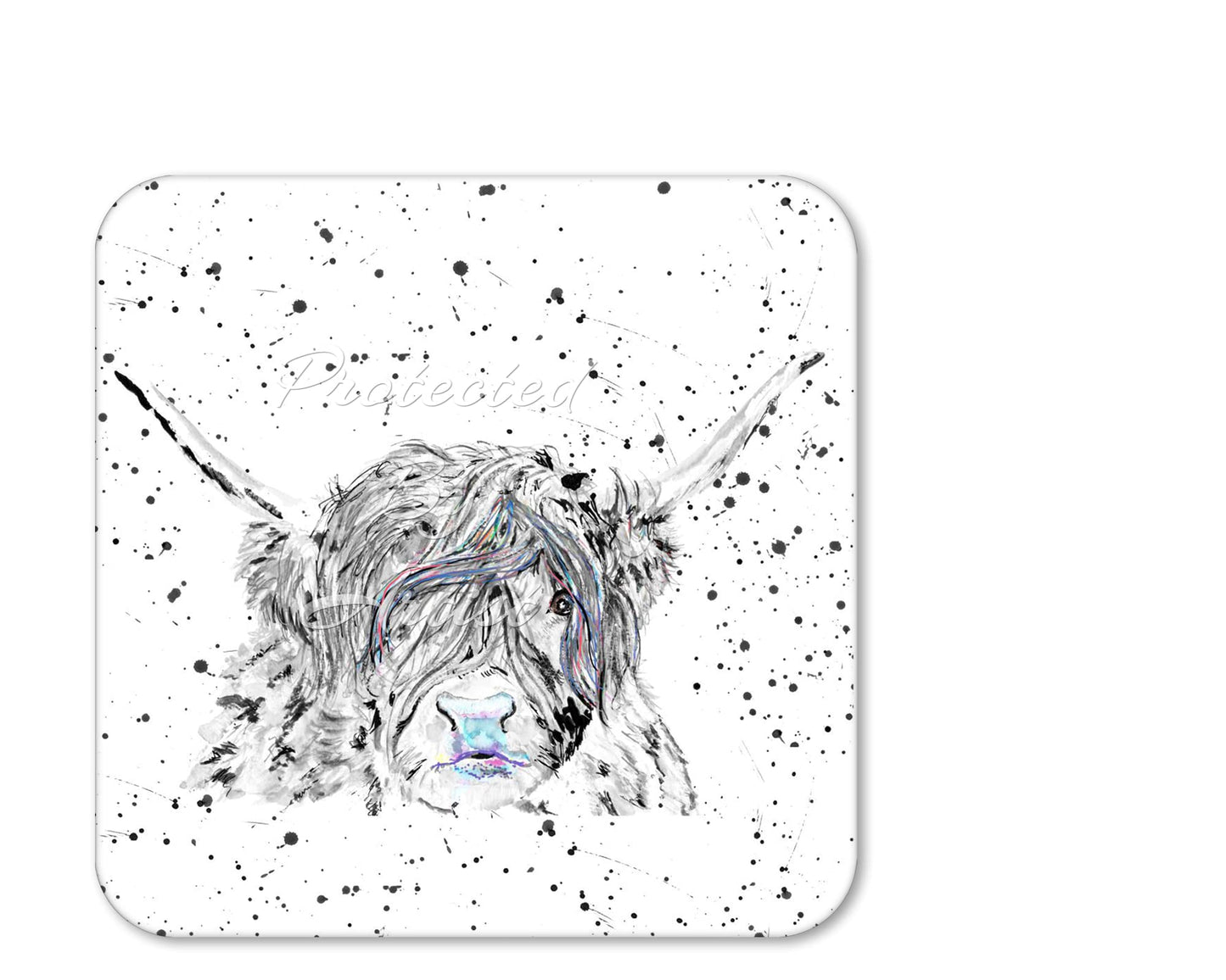 Coaster Highland Cow Scottish Farm Black white Animals Coasters Watercolour Art Gift Work Office Dining Tea coffee