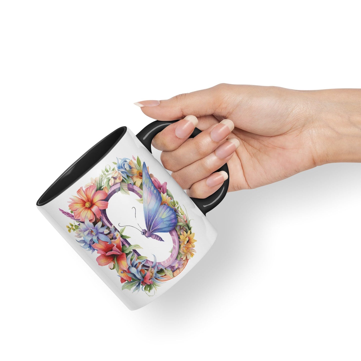 Letter O mug, Floral flowers butterfly Alphabet Letter O Monogram watercolour Ceramic Coloured Mug Cup for Tea Coffee Hot brew 330ml 11Oz Gift