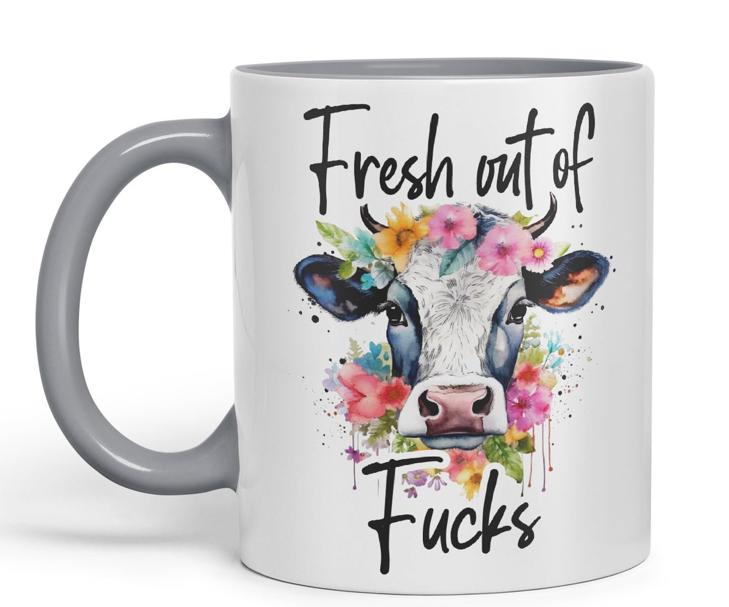 Fresh Out of Fu Cow Joke sarkasm Sarcastic Ceramic Coloured Mug Cup for Tea Coffee Hot Brew 330ml 11Oz Gift