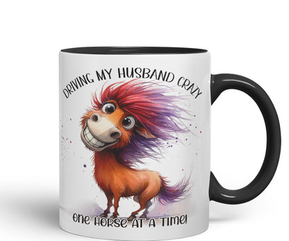 Driving My Husband Crazy, One Horse at at a Time Joke sarkasm Sarcastic Ceramic Coloured Mug Cup for Tea Coffee Hot Brew 330ml 11Oz Gift
