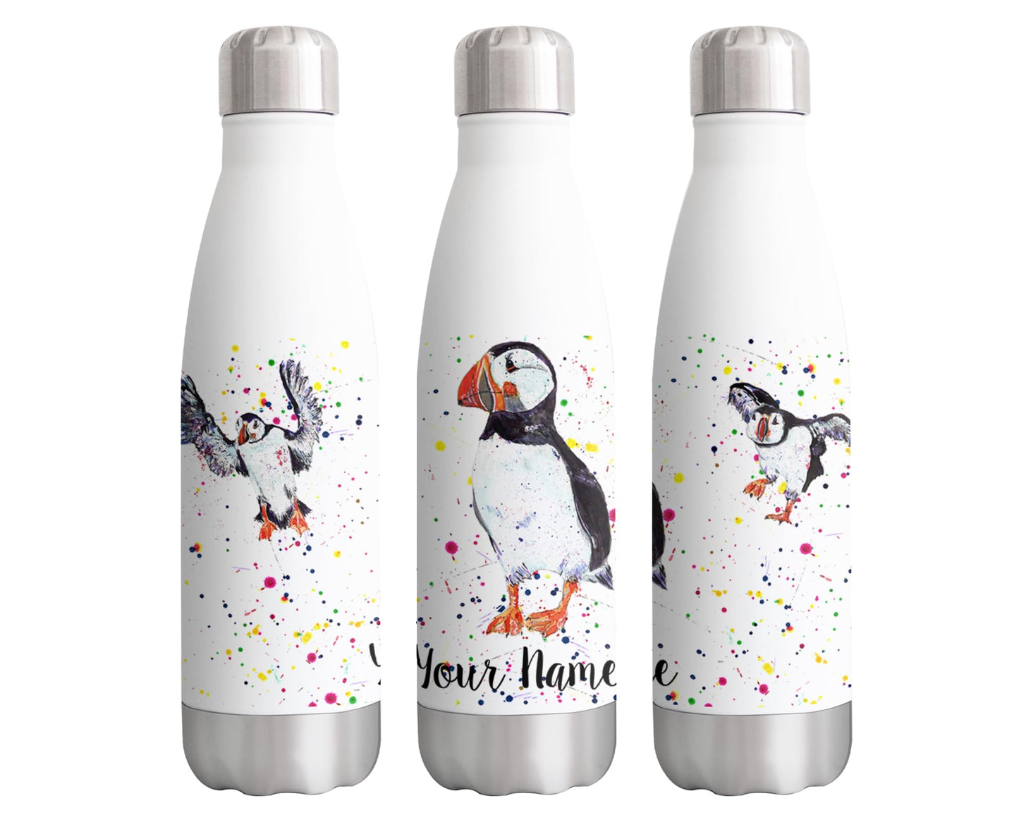 Vixar Puffin Personalised Custom Bottle with your Text/name Bird animals Watercolour Bottle Double Wall Insulated Stainless Steel Sport Drinks 500ml