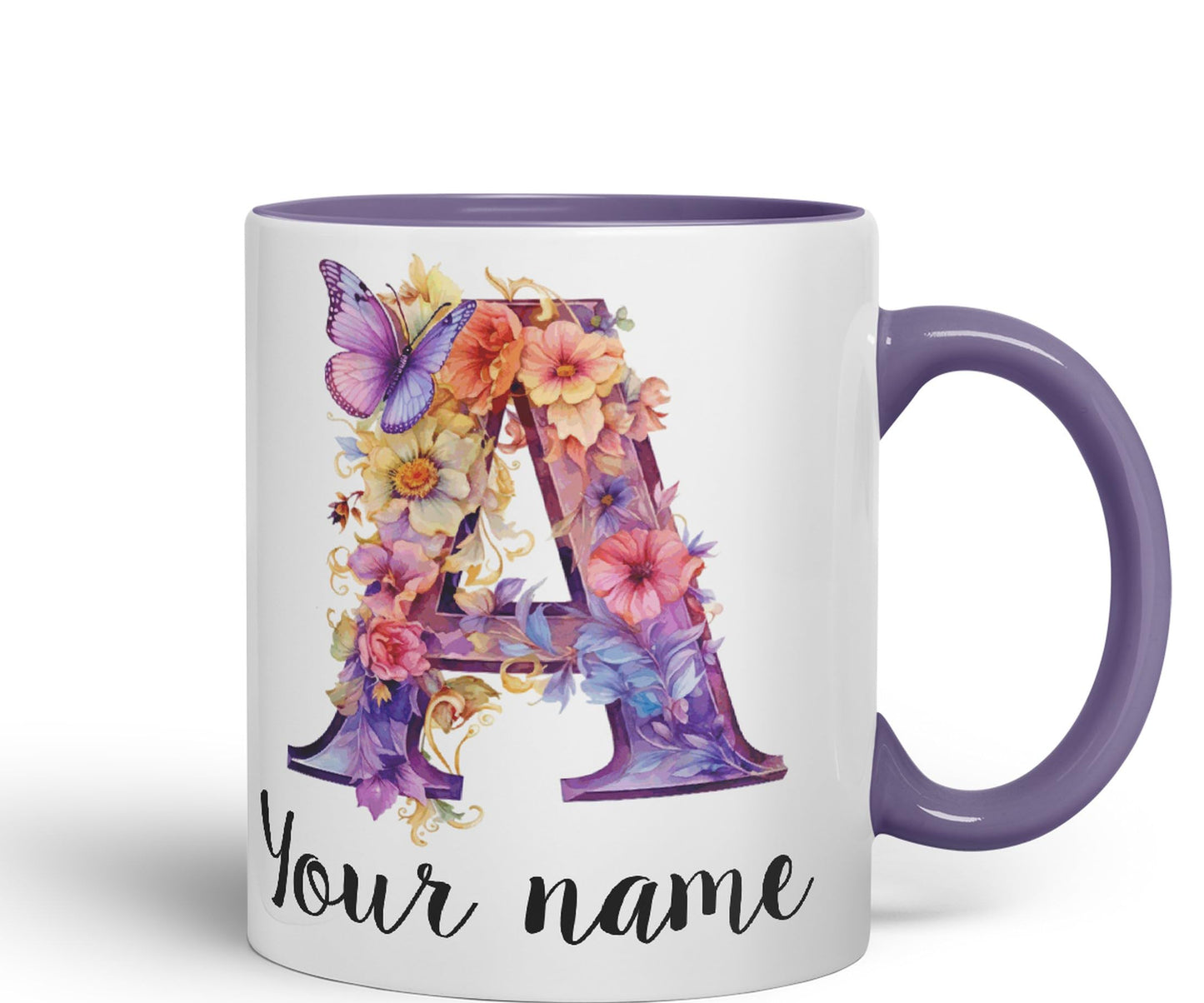 Personalised Letter A mug, Customized Custom Floral flowers butterfly Alphabet Letter A Monogram watercolour Ceramic Coloured Mug Cup for Tea Coffee Hot brew 330ml 11Oz Gift