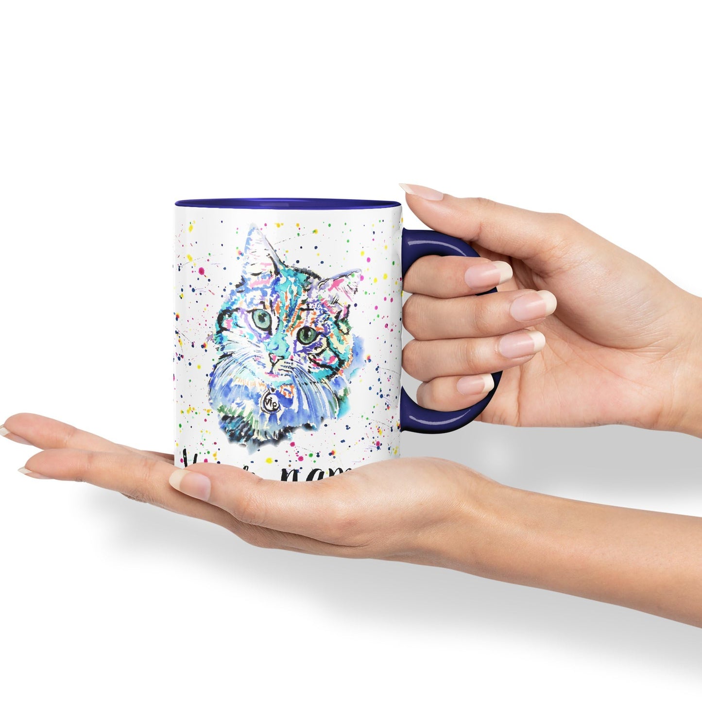 Vixar Personalised with Your Text Blue Cat Kitten Feline Watercolour Art Coloured Ceramic Mug Cup Gift 330ml 11oz Custom Work Office Tea Coffee