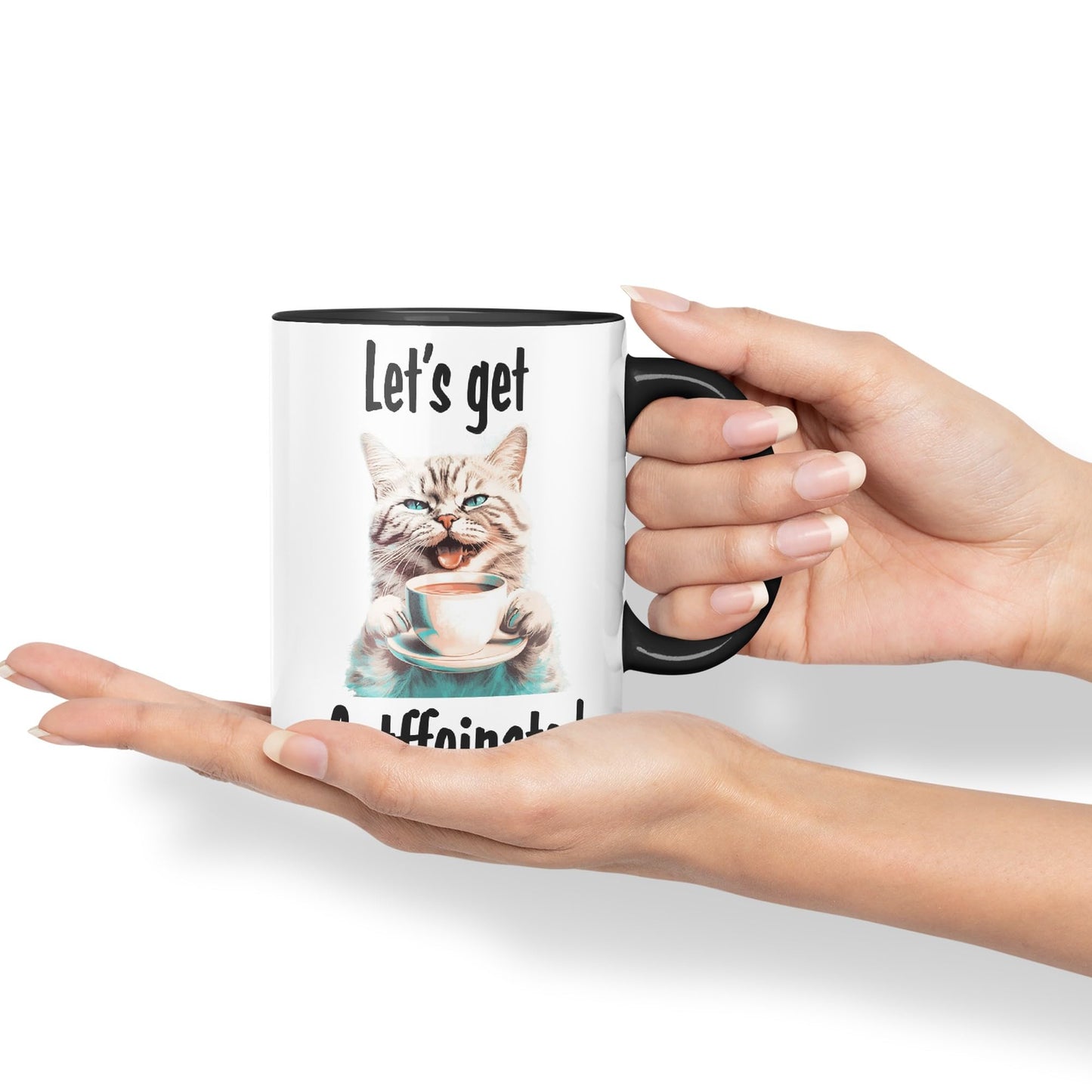 Let's get Caffeinated cat Kitten Joke sarkasm Sarcastic Ceramic Coloured Mug Cup for Tea Coffee Hot Brew 330ml 11Oz Gift