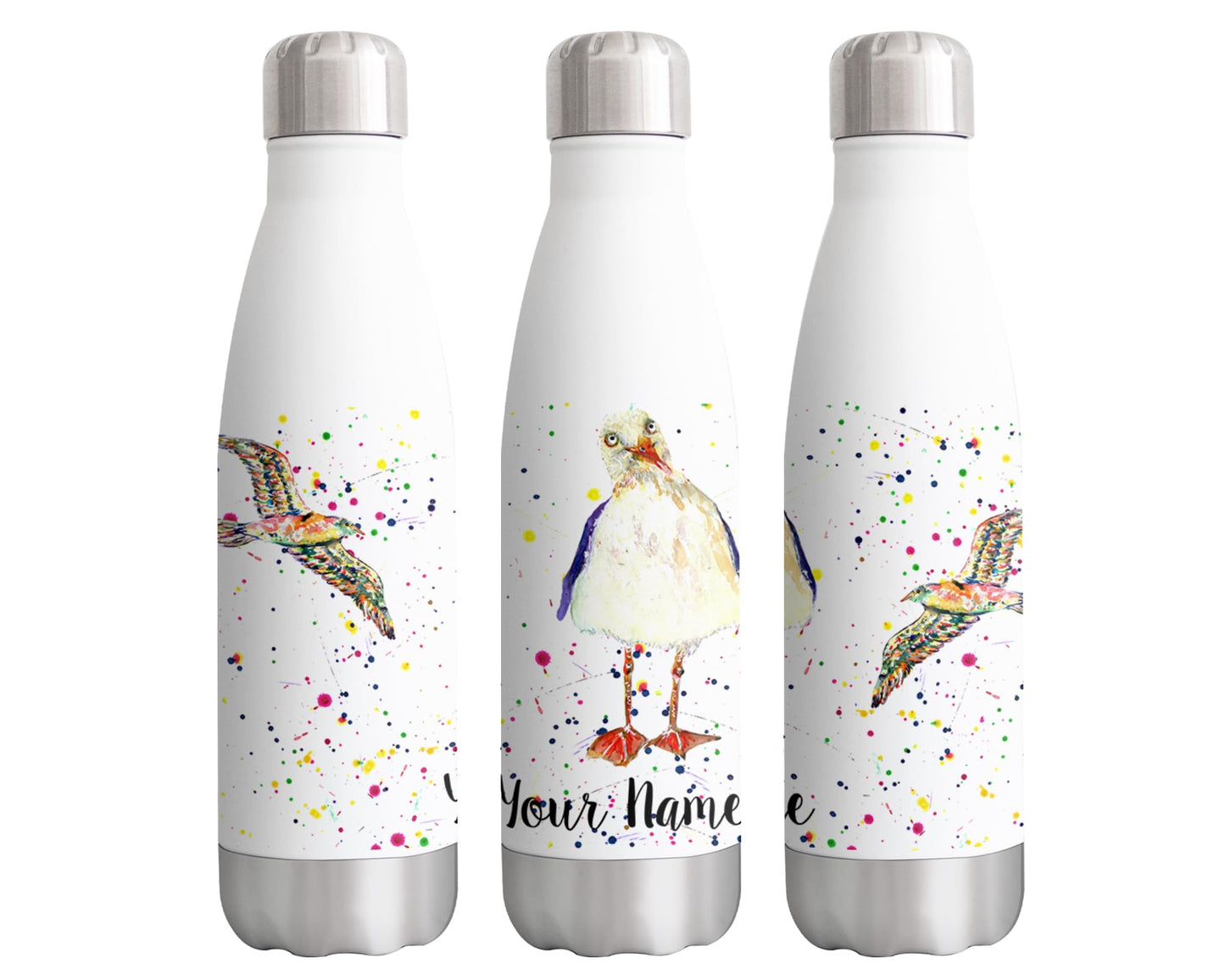 Seagull Personalised Custom Bottle with Your Text/Name Watercolour Beach seafront birdAnimals Bottle Double Wall Insulated Stainless Steel Sport Drinks 500ml