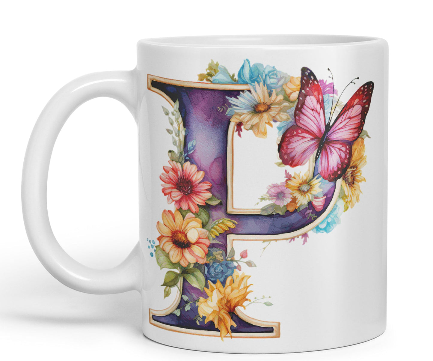 Letter P mug, Floral flowers butterfly Alphabet Letter P Monogram watercolour Ceramic Coloured Mug Cup for Tea Coffee Hot brew 330ml 11Oz