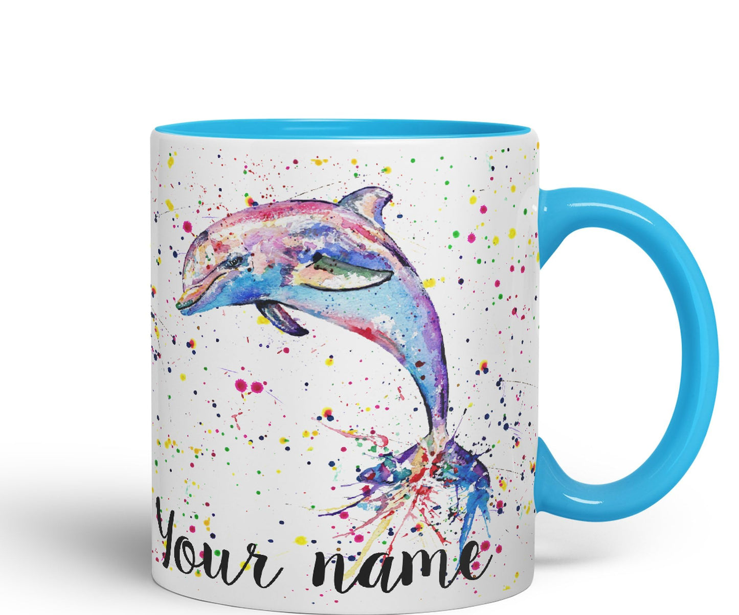 Vixar Personalised with Your Text Dolphin Sea Animal Watercolour Art Coloured Ceramic Mug Cup Gift 330ml 11oz Custom Work Office Tea Coffee