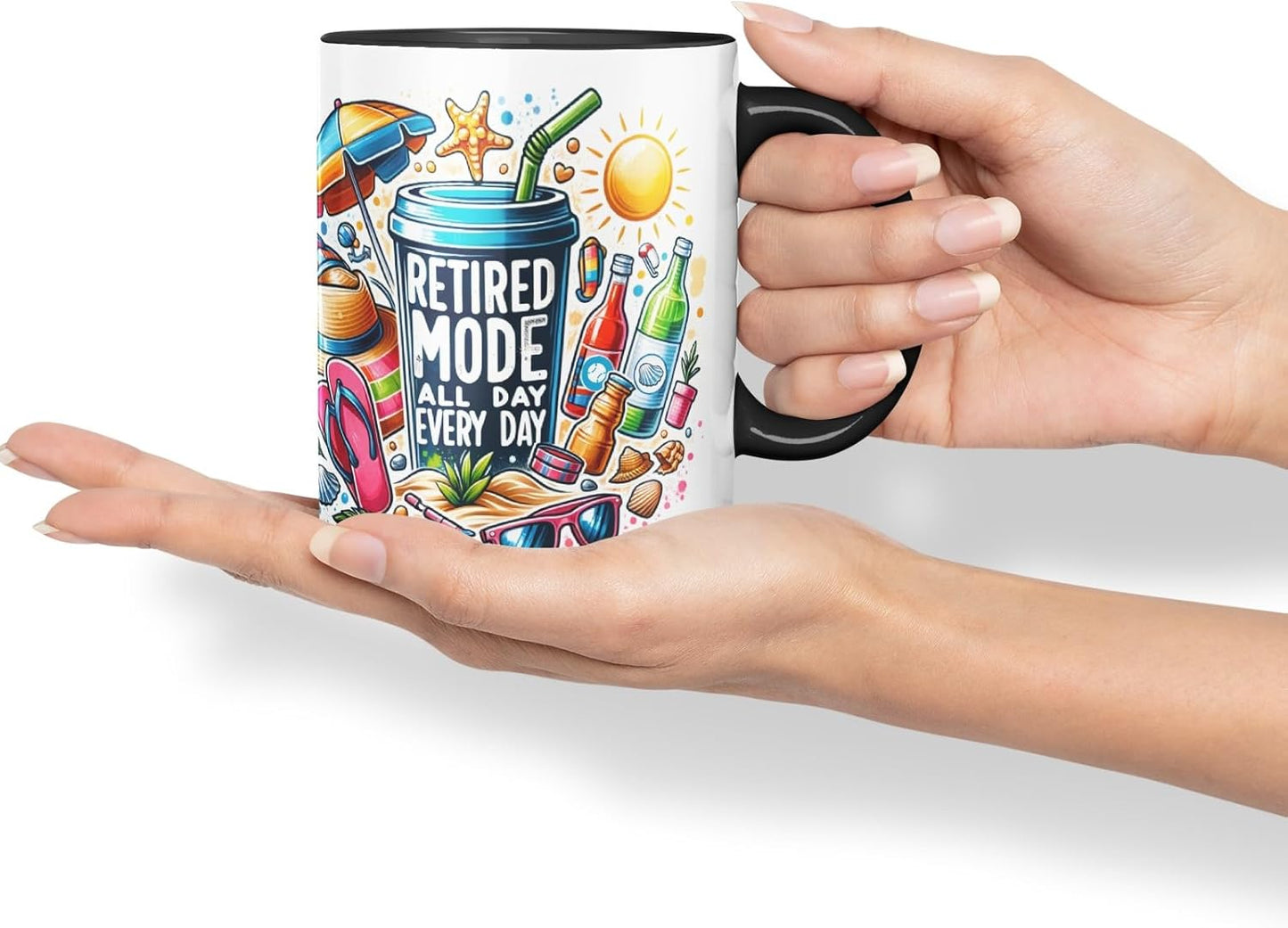 Ceramic Mug “Retired Mode All Day Every Day” with Vacation Theme Coloured Mug Cup 330ml (Black)