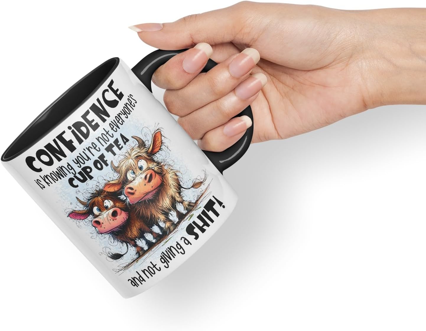 Vixar Confidence Funny Highland Cow Coloured Mug Cup 11oz (Black)