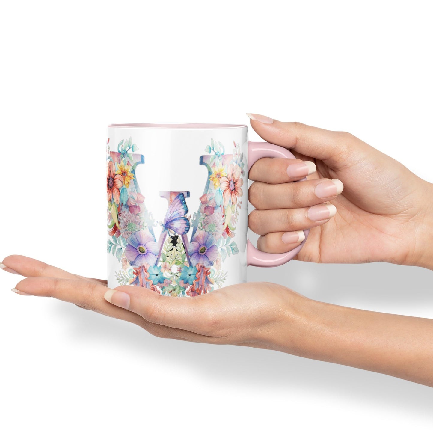 Letter W mug, Floral flowers butterfly Alphabet Letter W Monogram watercolour Ceramic Coloured Mug Cup for Tea Coffee Hot brew 330ml 11Oz