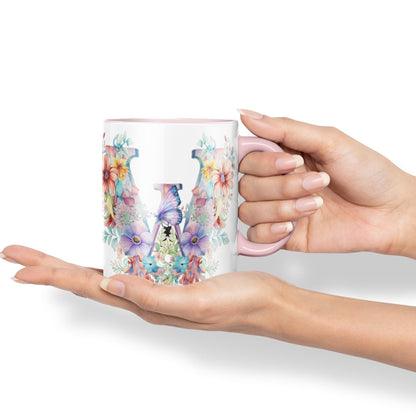 Letter W mug, Floral flowers butterfly Alphabet Letter W Monogram watercolour Ceramic Coloured Mug Cup for Tea Coffee Hot brew 330ml 11Oz