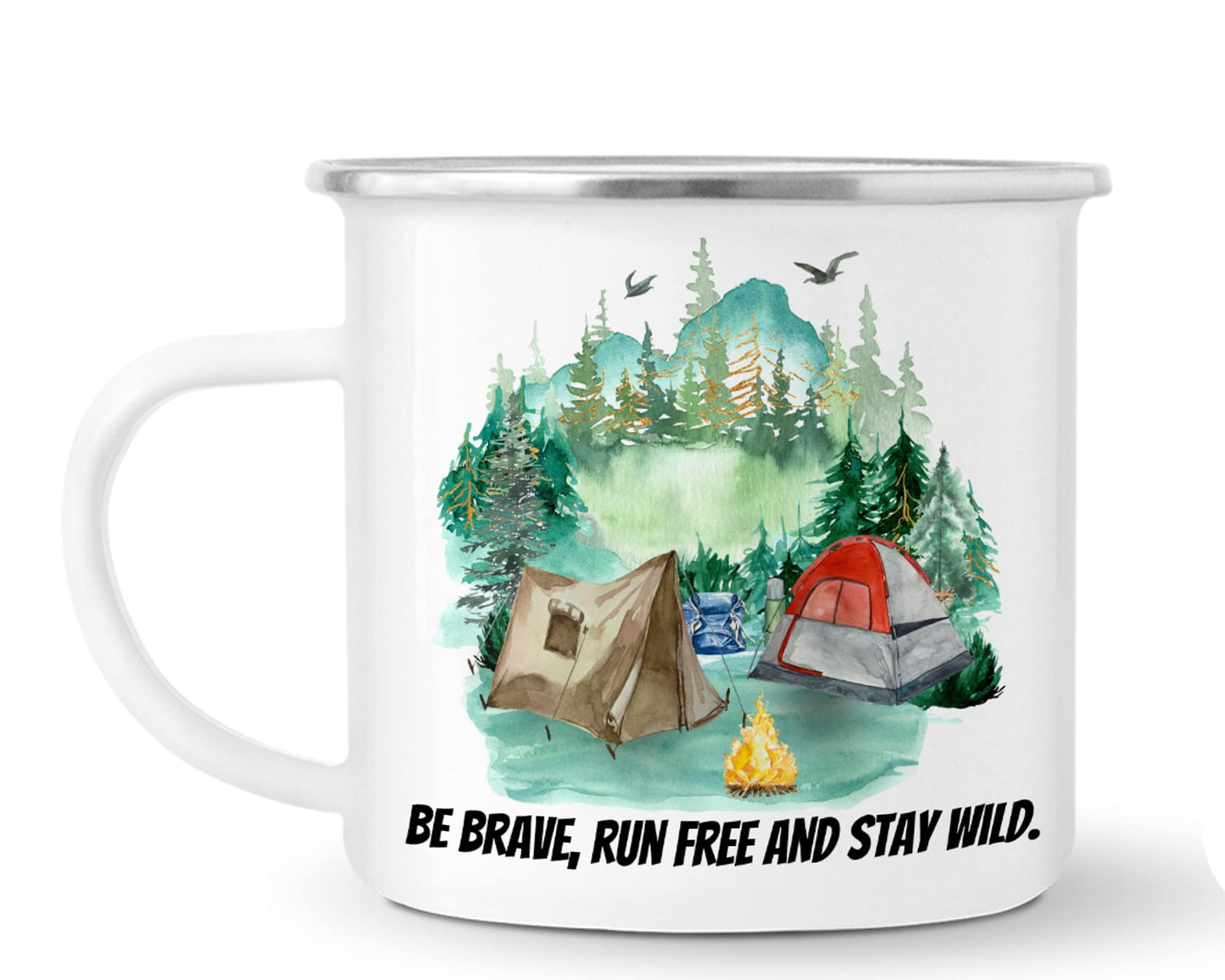 Vixar Enamel Mug Cup, is Ideal for Camping, Caravan, Fishing & Travel, in White with Silver Trim, 10oz, Coffee Tea, Gift, Christmas, Birthday Gift (Be Brave, Run Free and Stay Wild)