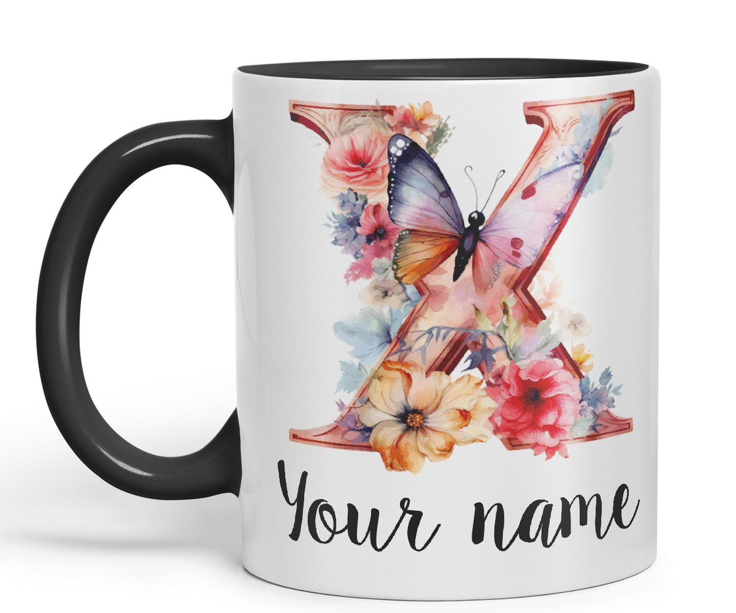 Personalised Letter X mug, Customized Custom Floral flowers butterfly Alphabet Letter X Monogram watercolour Ceramic Coloured Mug Cup for Tea Coffee Hot brew 330ml 11Oz Gift