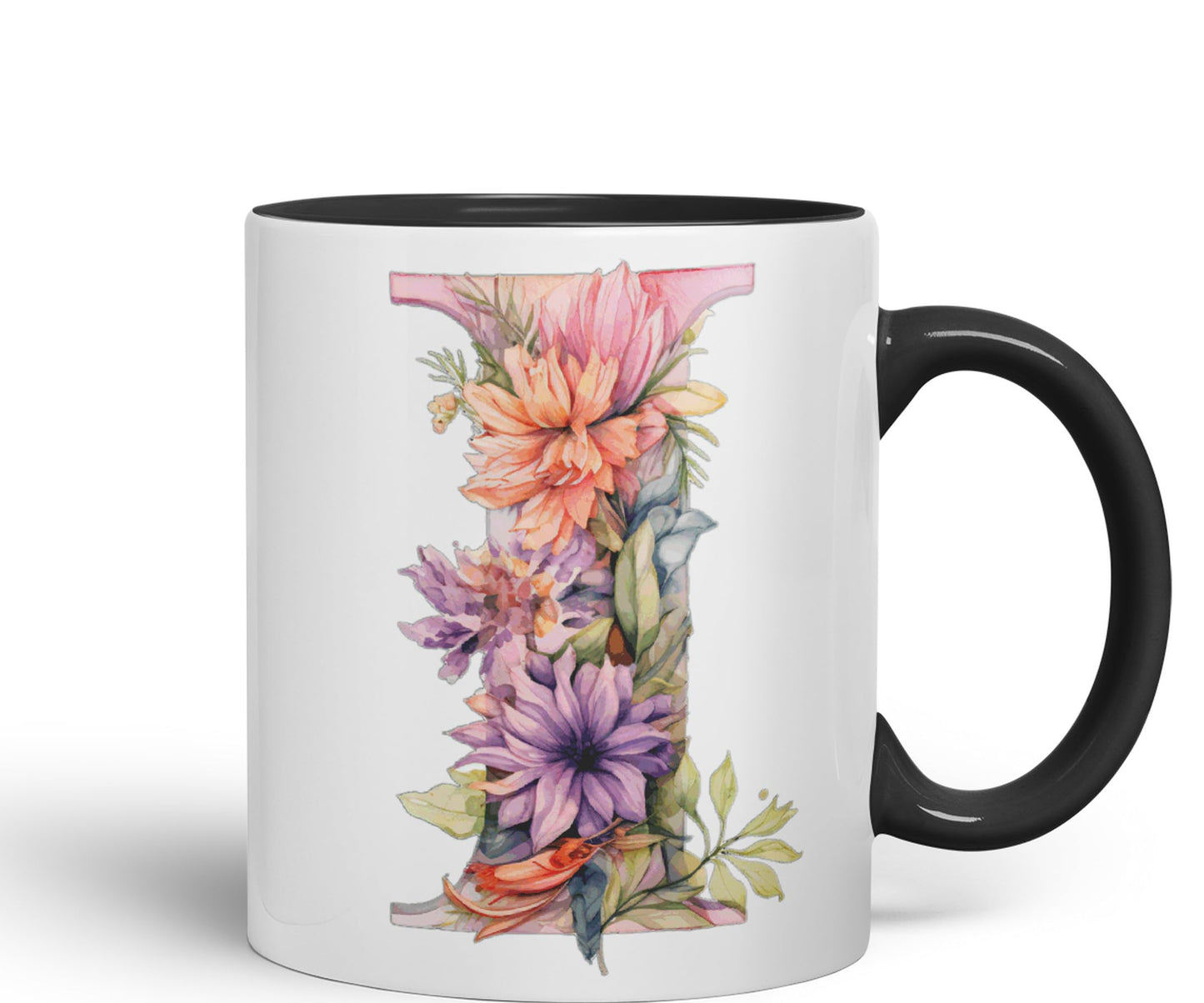 Letter I mug, Floral flowers butterfly Alphabet Letter I Monogram watercolour Ceramic Coloured Mug Cup for Tea Coffee Hot brew 330ml 11Oz Gift