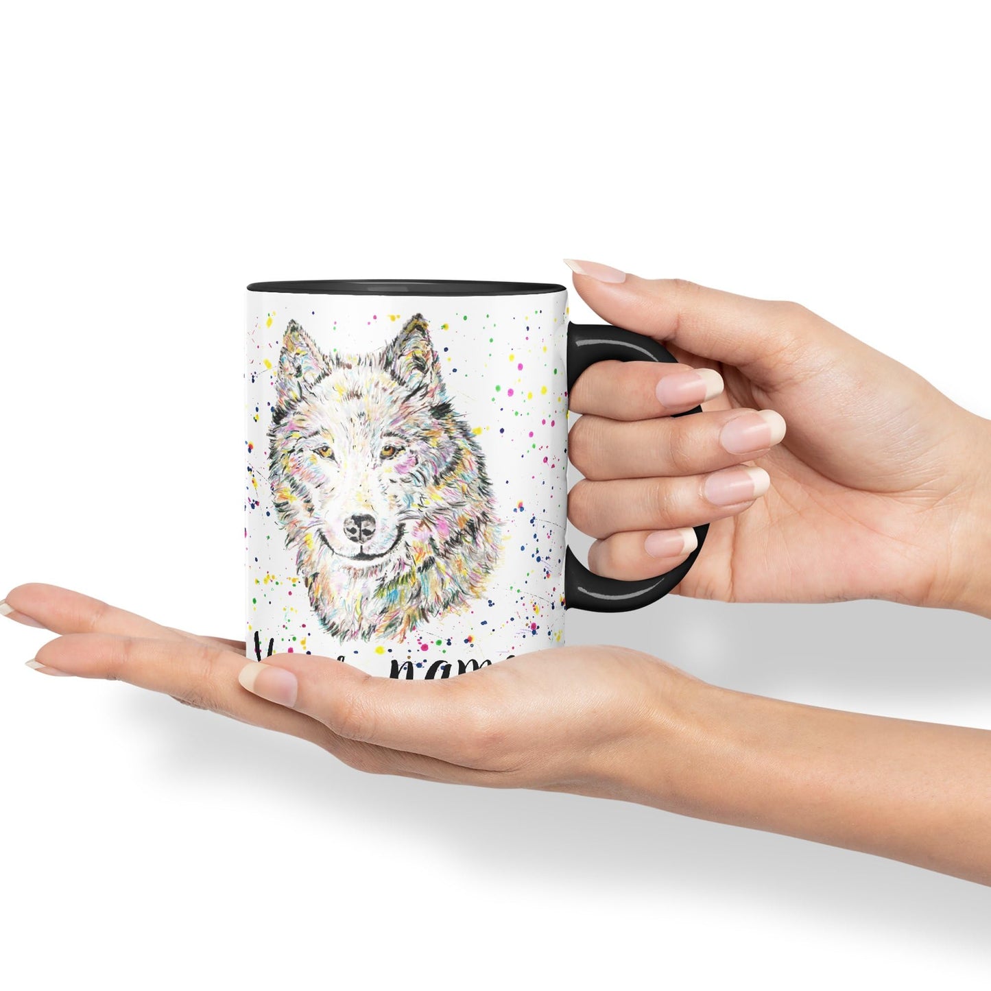 Vixar Personalised with Your Text Wolf Wolves Wildlife Animals Watercolour Art Coloured Ceramic Mug Cup Gift 330ml 11oz Custom Work Office Tea Coffee (O2)