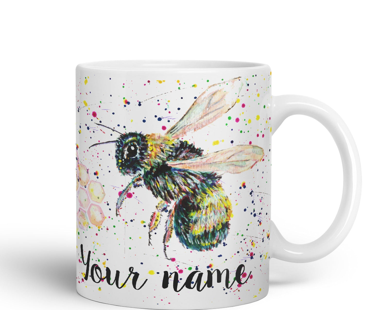 Personalised mug with Your Text name Bees bee Honeycomb animals Watercolour Art Coloured Ceramic Mug Cup Gift 330ml 11oz Custom Work Office Tea Coffee