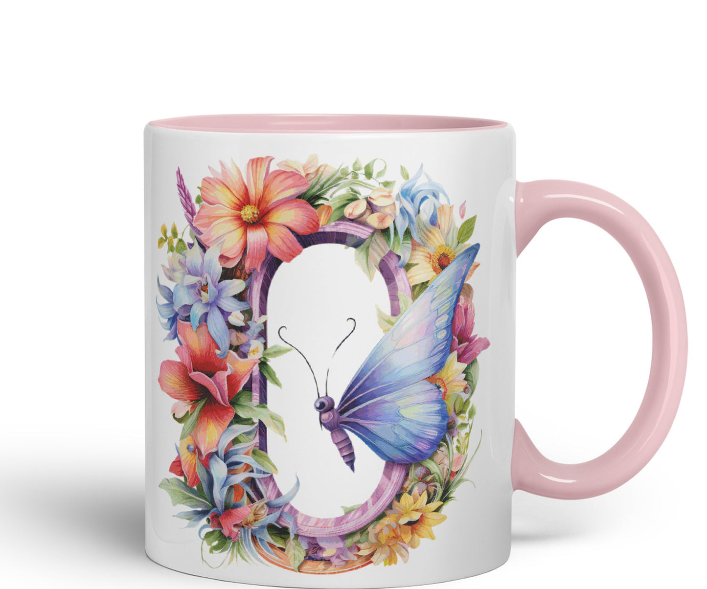 Letter O mug, Floral flowers butterfly Alphabet Letter O Monogram watercolour Ceramic Coloured Mug Cup for Tea Coffee Hot brew 330ml 11Oz Gift