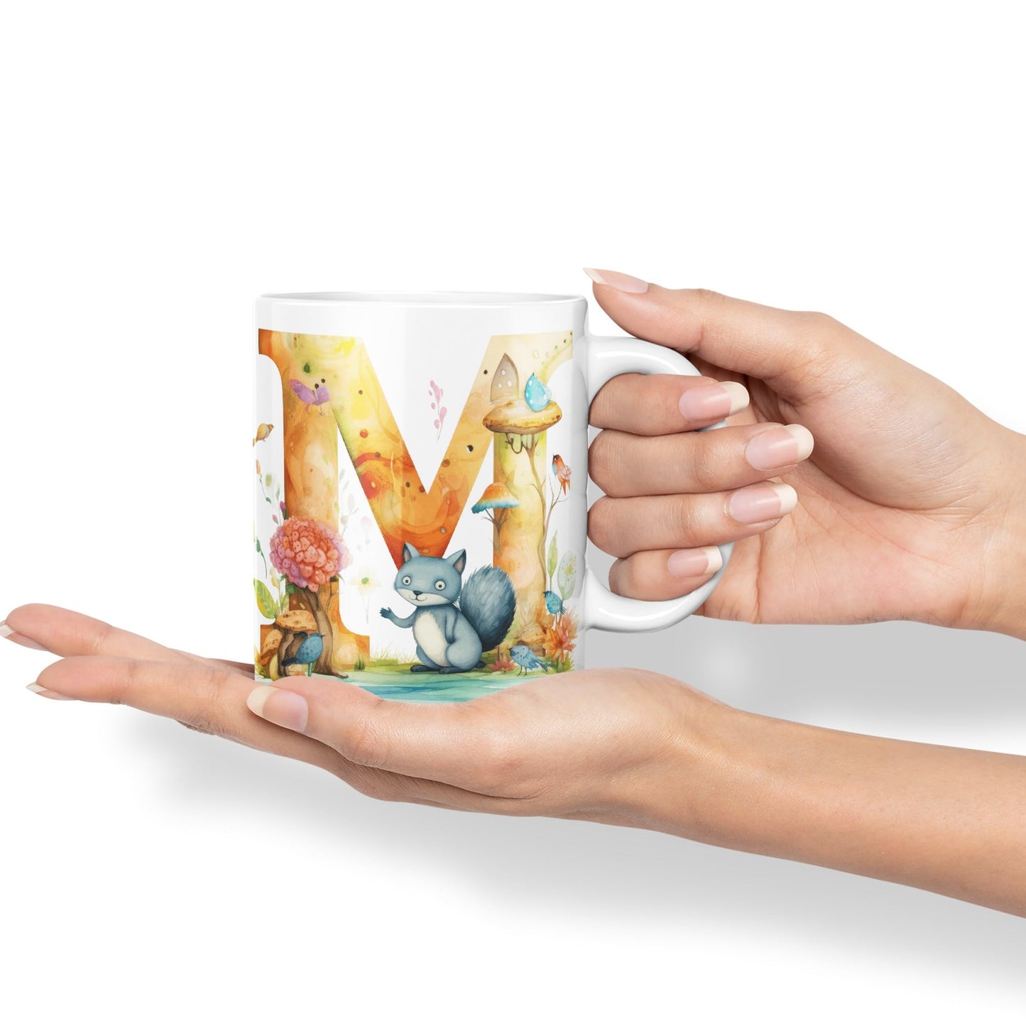 Letter M mug, Animals Alphabet Letter M Monogram animal for kids Ceramic Coloured Mug Cup for Tea Coffee Hot brew 330ml 11Oz Gift