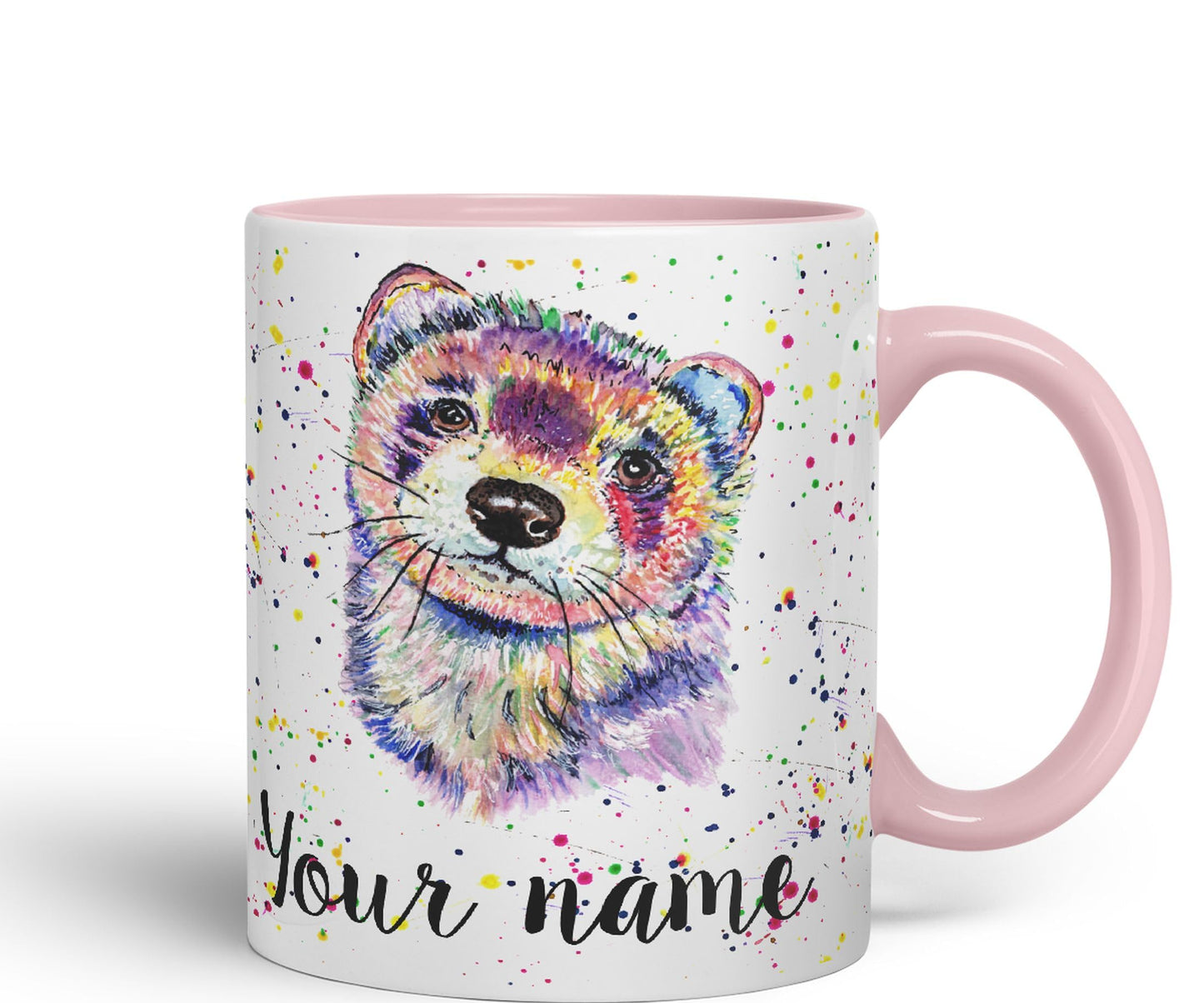 Personalised mug with Your Text name Ferret Pet animals Watercolour Art Coloured Ceramic Mug Cup Gift 330ml 11oz Custom Work Office Tea Coffee