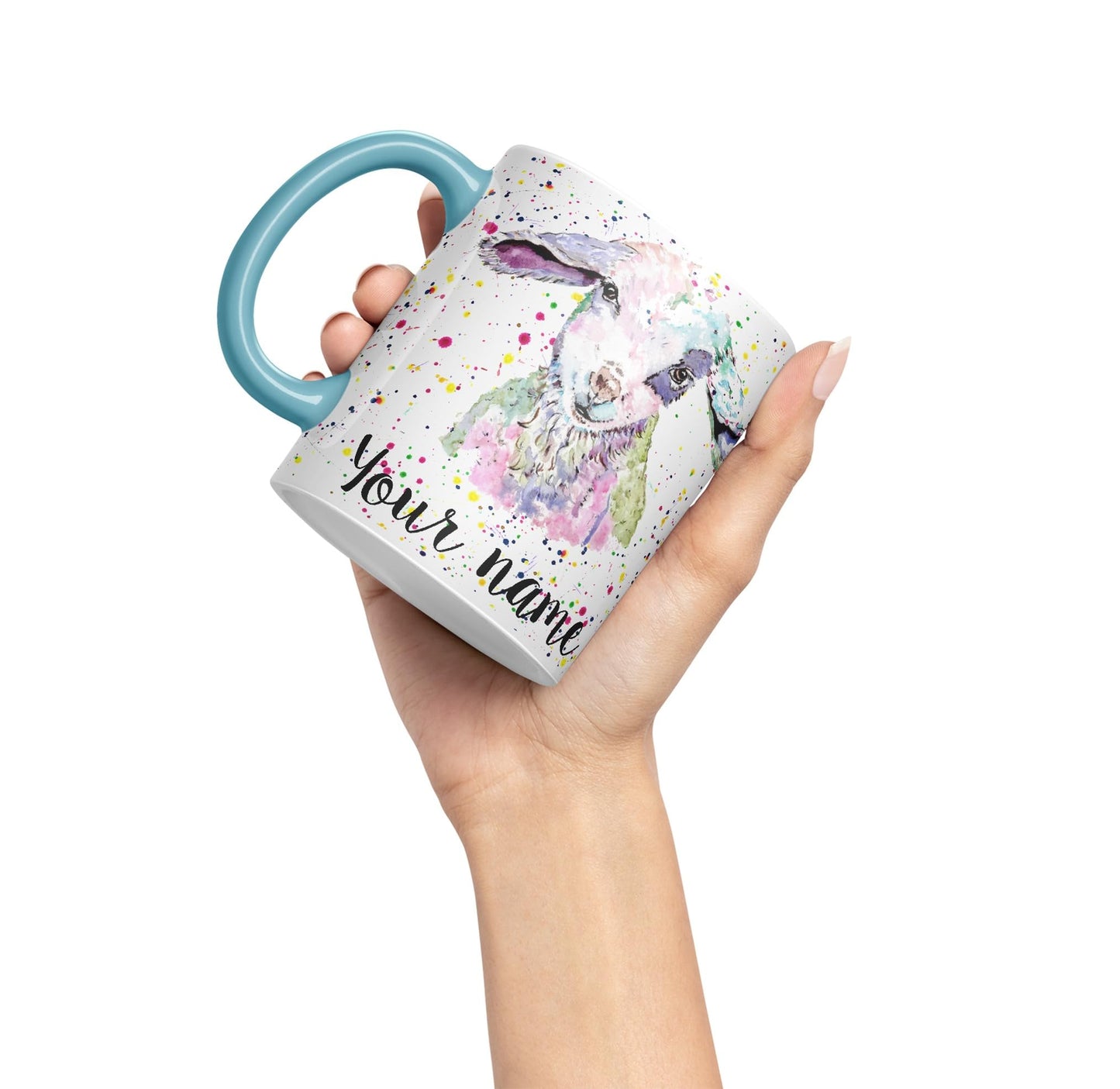 Vixar Personalised with Your Text Lamb Sheep Hogget Farm Animals Watercolour Art Coloured Ceramic Mug Cup Gift 330ml 11oz Custom Work Office Tea Coffee