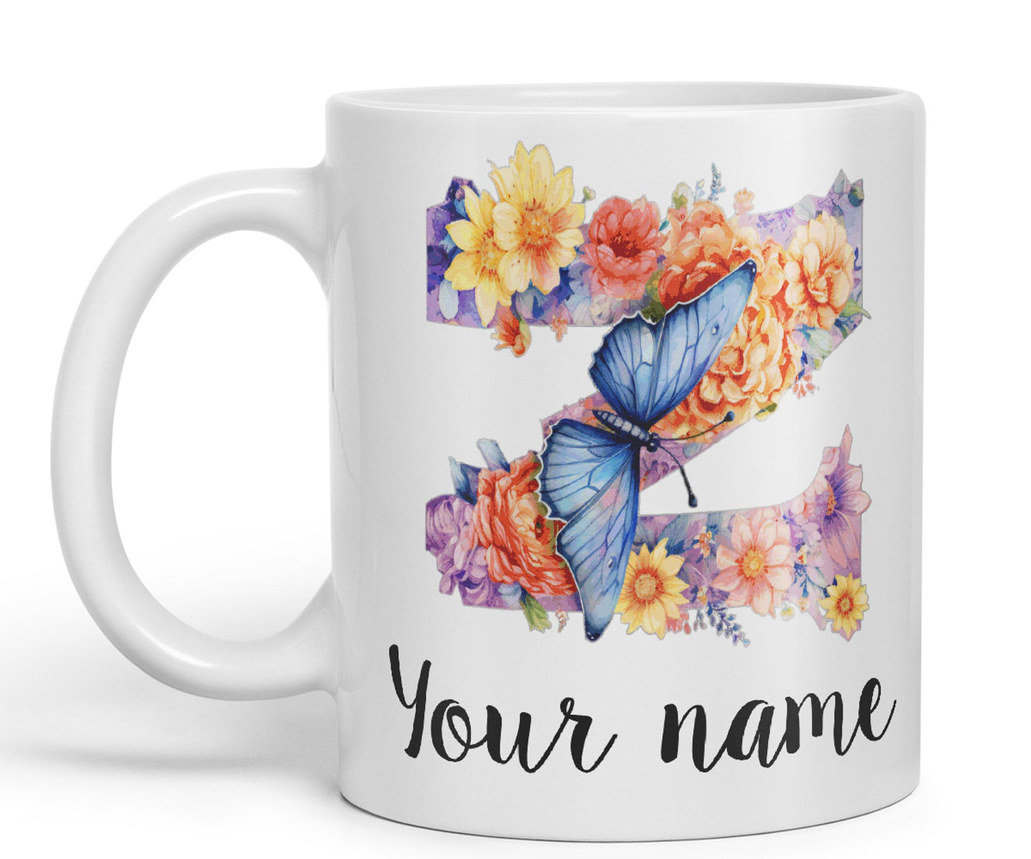 Personalised Letter Z mug, Customized Custom Floral flowers butterfly Alphabet Letter Z Monogram watercolour Ceramic Coloured Mug Cup for Tea Coffee Hot brew 330ml 11Oz Gift