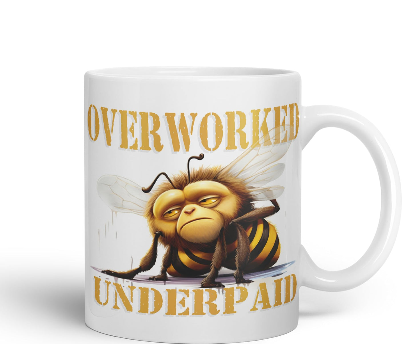 Overworked Underpaid bee Work Joke sarkasm Sarcastic Ceramic Coloured Mug Cup for Tea Coffee Hot Brew 330ml 11Oz Gift