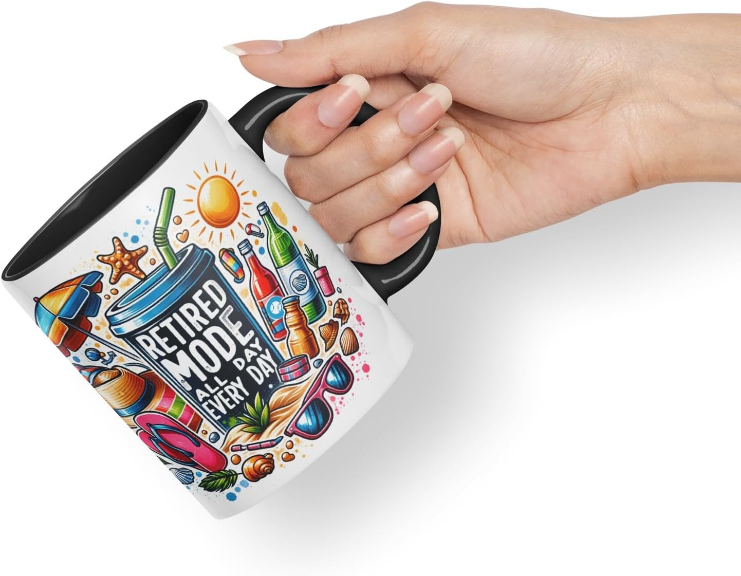 Ceramic Mug “Retired Mode All Day Every Day” with Vacation Theme Coloured Mug Cup 330ml (Black)