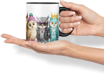 Vixar Owls Mug – Cute Owls Coloured Ceramic Mug Cup Gift, 11oz (Black)