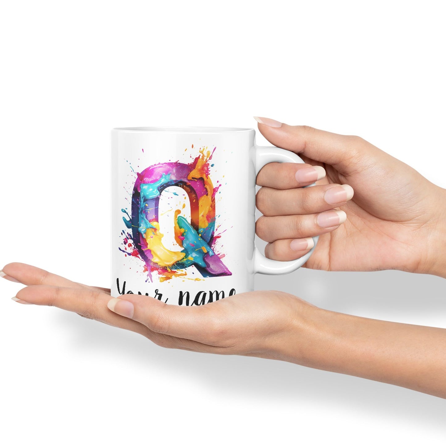 Personalised Letter Q mug, Alphabet cusomized custom Letter Q Monogram watercolour Ceramic Coloured Mug Cup for Tea Coffee Hot brew 330ml 11Oz Gift